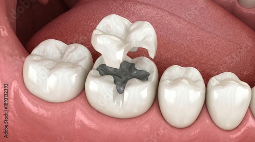Dental ceramic inlay onlay restoration for molar tooth 3D illustration
