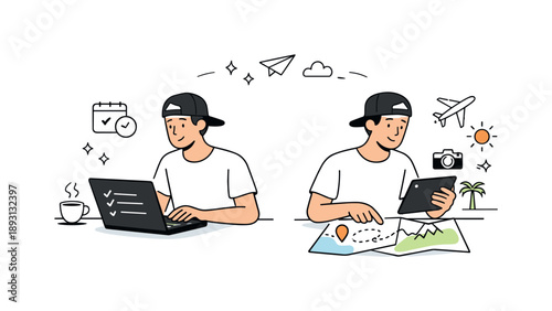 Digital Nomad Lifestyle. Digital nomad daily routine. A person checks tasks on a laptop while planning travel on a tablet or map. Balance between work and