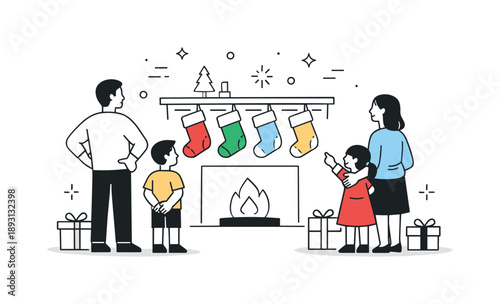 Holiday Stocking Display. People hanging stockings final touch. Family stepping back to look at neatly hung stockings. Sense of completion, warmth, and holiday