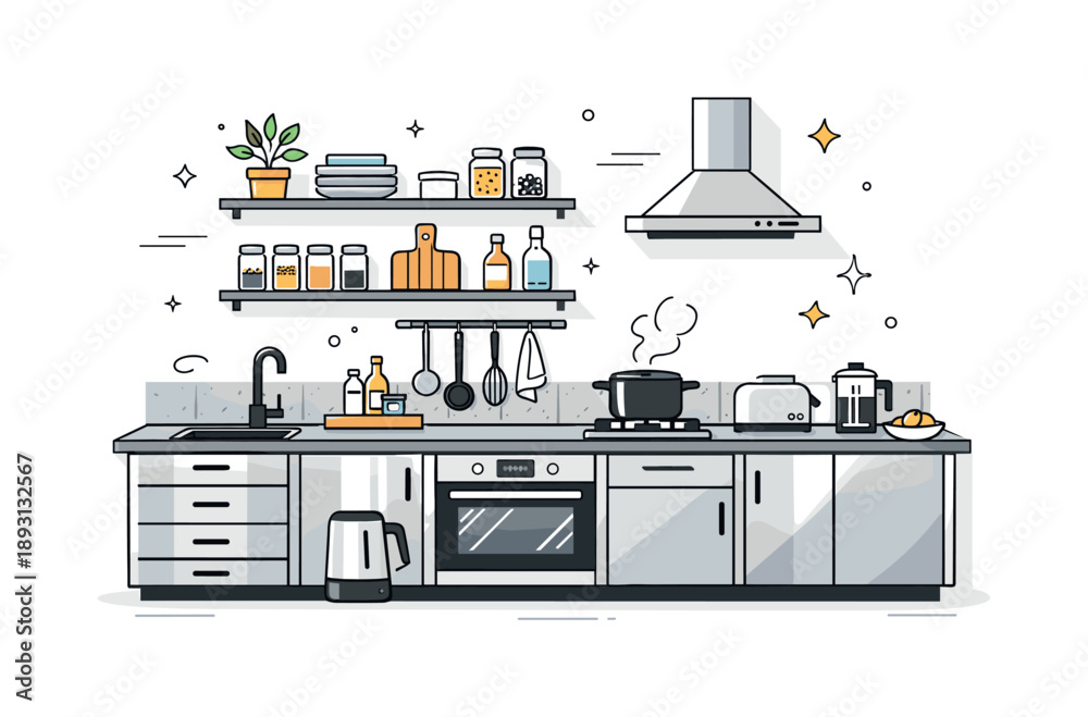 Fototapeta premium Modern Minimalist Kitchen. Industrial kitchen design. A modern kitchen with metal cabinets, open shelves, concrete surfaces, and simple utensils on display.