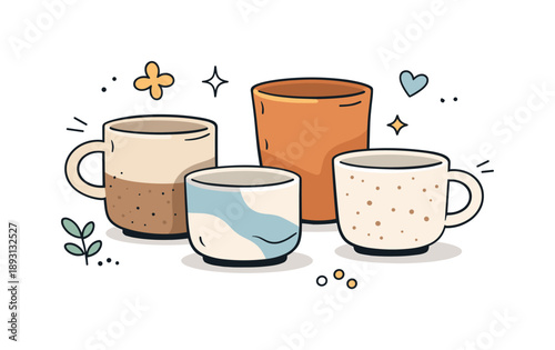 Handcrafted Ceramic Cups. Handmade ceramic cups. A close-up scene with a set of unique cups in natural tones, each with subtle irregular shapes. Warm