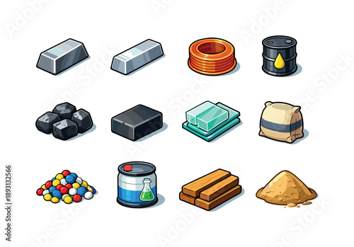 Colorful Industrial Icon Set. Industrial materials. Colorful isometric vector icons set of Industrial materials: steel ingot, aluminum bar, copper wire coil,
