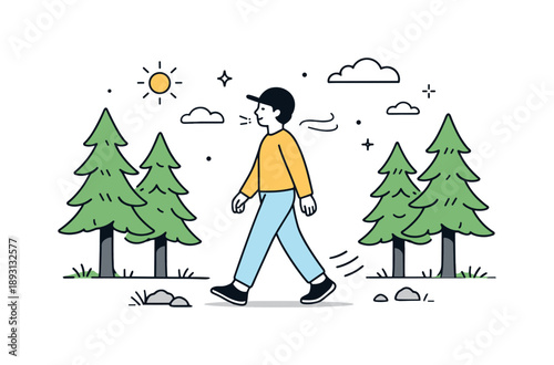 Mindful Pine Stroll. Pine trees and fresh air. A person walking calmly among pine trees, slow movement and mindful outdoor moment. Sense of relaxation,