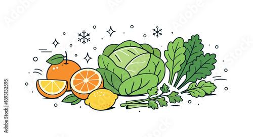 Winter Produce Elegance. Winter produce illustration. Citrus fruits, cabbage, and winter greens arranged with snow-like dots and clear spacing. Crisp, clean