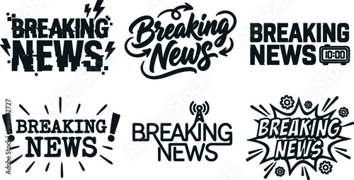 Set of Breaking News text banners and labels in various modern styles and fonts