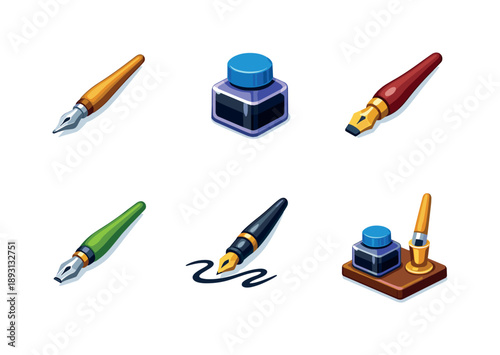 Colorful Calligraphy Tools Grid. Calligraphy tools. Isometric flat vector icons set of calligraphy tools: calligraphy dip pen, calligraphy ink bottle, broad