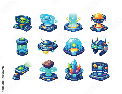 Alien Technology Icons. AlienTechnology. Colorful isometric vector icons set of AlienTechnology: alien computer, hologram screen, teleport device, energy core,