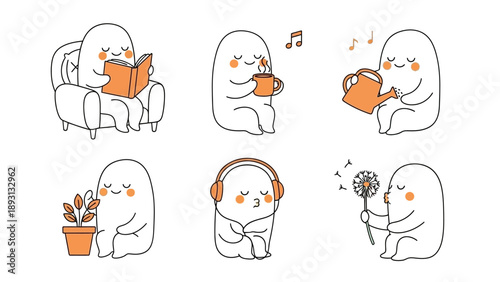 Cute ghost character enjoying various relaxing hobbies and activities.