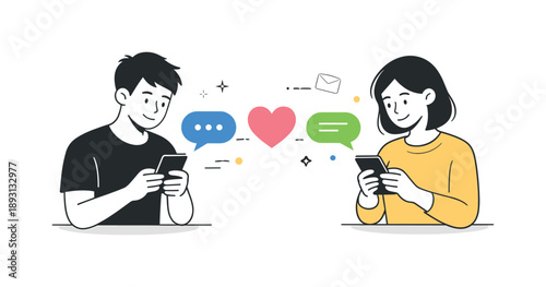 Digital Love Connection. Digital messaging between partners. Simplified characters typing on phones with heart and message icons appearing between them. Light