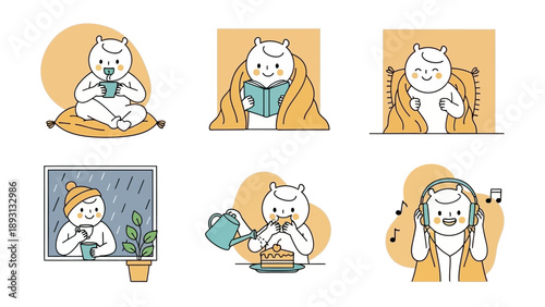 Cute Hamster Character Engaged in Various Cozy and Relaxing Activities.