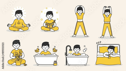 Daily Routine Of A Person Practicing Self Care And Wellness.