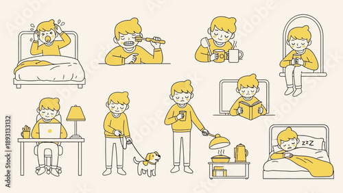 Daily routine of a young man in simple line art style.