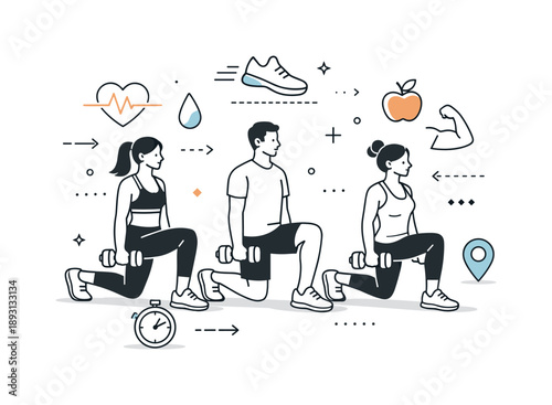 Team Lunge Workout. Group fitness lunges. Two or three people performing lunges with dumbbells together in a gym or park, subtle floating abstract icons for