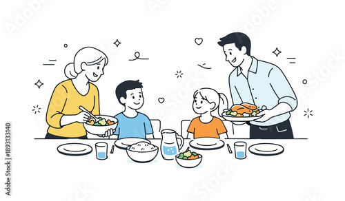 Family Dinner Harmony. Family dinner moment. Parents serving food while children sit ready at the table, calm and caring interaction. Editorial scene