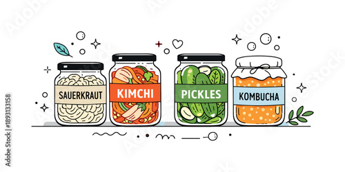 Fermented Foods Display. Fermented food jars. Glass jars filled with vegetables in brine neatly arranged on a clean surface. Calm artisanal food mood with