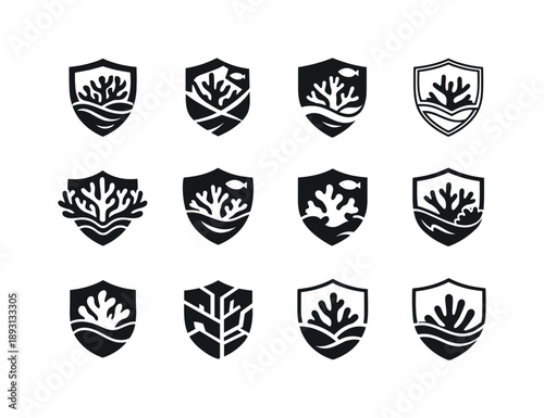 Coral Reef Icons. Coral reef protection. Icon set. Set Logo of Coral reef protection: marine conservation emblem. harmonious logo variations of the same