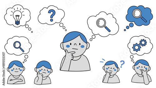 Diverse people contemplating with thought bubbles showing ideas and questions.