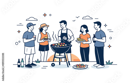 Sunset Barbecue Gathering. Barbecuing at sunset ? outdoor gathering. People standing around a grill, casual conversation and shared food in a peaceful sunset