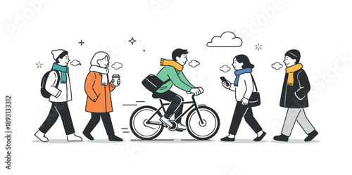 Chilly Morning Commute. Chilly morning commute. People walking or cycling with light jackets and scarves, visible breath in the air. Gentle start of the day