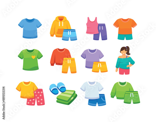 Casual Icon Collection. Casual wear. Colorful flat vector icons set of casual wear: everyday t-shirt, relaxed outfit, comfy clothes, soft fabric tee, weekend