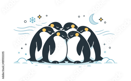 Penguin Community Unity. Arctic wildlife and survival in cold environments. A group of penguins standing close together against a cold wind, calm posture and