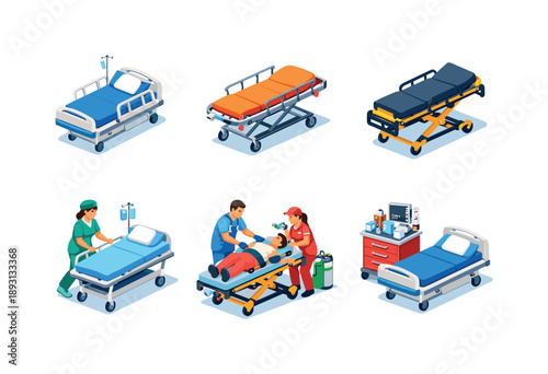 Colorful Emergency Room Icons. Emergency room. Isometric flat vector icons set of Emergency room: ER hospital bed, emergency patient bed with wheels, rapid