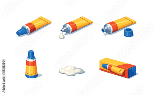 Colorful Glue Tube Icons. Glue Tube. Isometric flat vector icons set of Glue Tube: squeeze glue tube with cap, open glue tube dispensing drop, glue tube with
