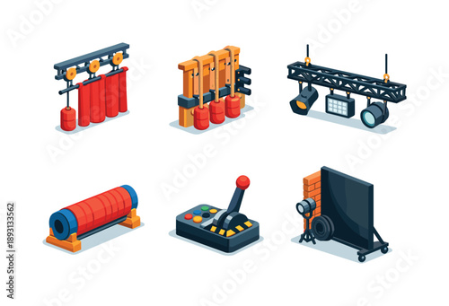 Backstage Equipment Icons. Backstage setup. Isometric flat vector icons set of backstage setup: curtain pulley system, rope mechanism, stage rigging bar,