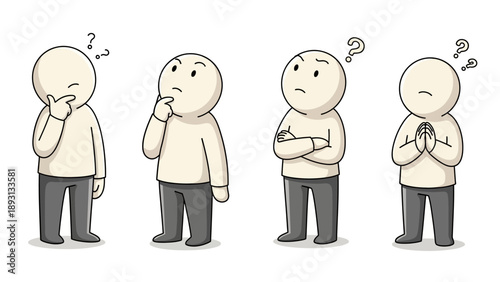 Four cartoon characters in different thinking poses.