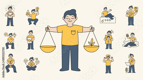 Man balancing work and life with scales, surrounded by various daily activities.