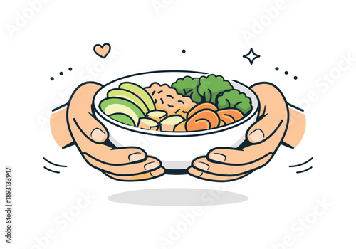 Mindful Eating Moment. Food for meditation and mindfulness. A mindful eating moment shown through hands holding a bowl, gentle focus and minimal distractions.