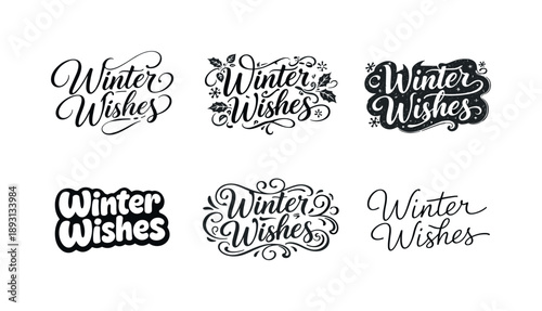 Winter Wishes Variations. Winter wishes script lettering. Set lettering. harmonious lettering variations of the same emblematic concept, each with different