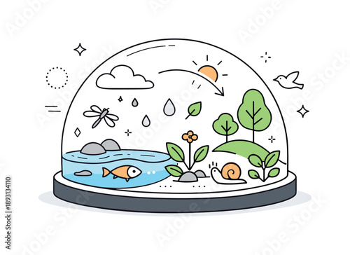 Eco-Dome Harmony. Artificial ecosystems overview. A transparent dome containing plants, water, and small living organisms in balance. The scene conveys