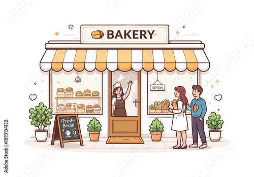 Charming Bakery Exterior. Bakery storefront exterior. A calm editorial scene showing a small bakery with large windows, an awning, and a welcoming entrance.