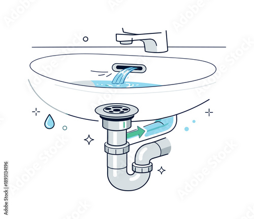 Overflow System Illustration. Sink overflow system. Close-up of a bathroom sink showing the overflow channel and drain setup, with water gently flowing towards