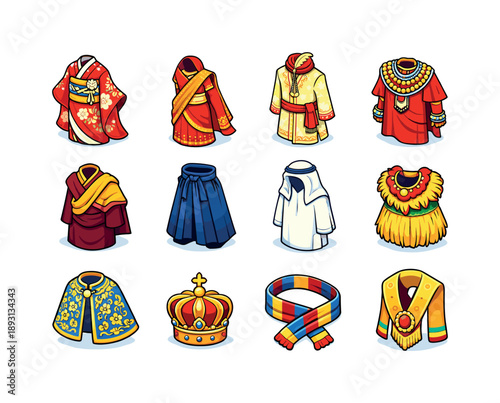 Ceremonial Wear Icons. Ceremonial wear. Colorful isometric vector icons set of ceremonial wear: wedding kimono, bridal sari, traditional groom sherwani, Maasai