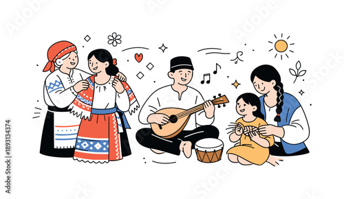 Cultural Heritage Celebration. Cultural heritage and traditions. A friendly scene of people sharing traditional clothing, music, or crafts, with simple
