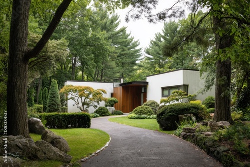 A contemporary house is nestled in a vibrant green landscape adorned with lush trees, colorful shrubs, and a charming winding path under the bright daylight