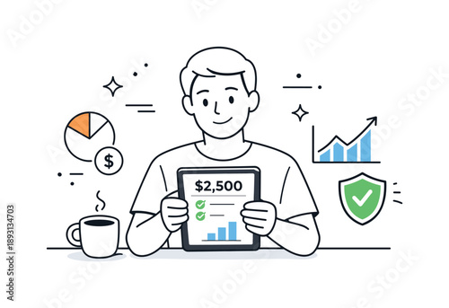 Financial Confidence Illustration. Consumer confidence ? financial stability. Person checking a budget or account balance on a tablet, feeling reassured and in