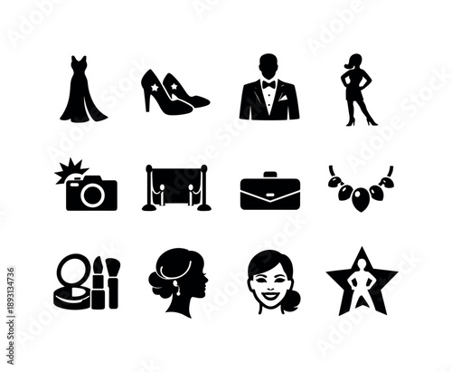 Red Carpet Icons. Red Carpet Glamour. Solid icon set of Red Carpet Glamour: glamorous dress, star heels, formal suit, fashion pose, camera flash, photo