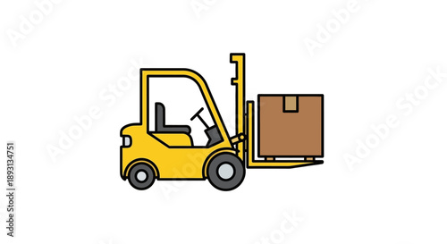 Yellow forklift truck lifting a brown box in a warehouse setting