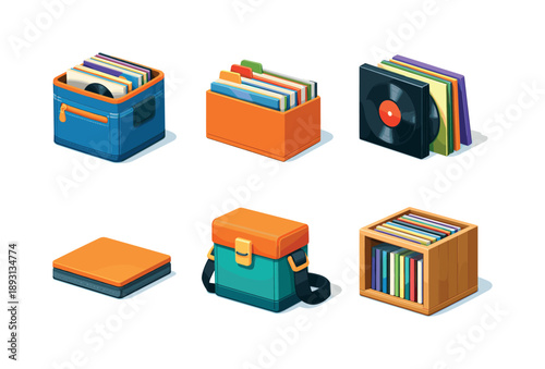 Vinyl Icon Collection. Vinyl Collection. Isometric flat vector icons set of vinyl collection: fabric record box, labeled dividers, upright vinyl sleeves,