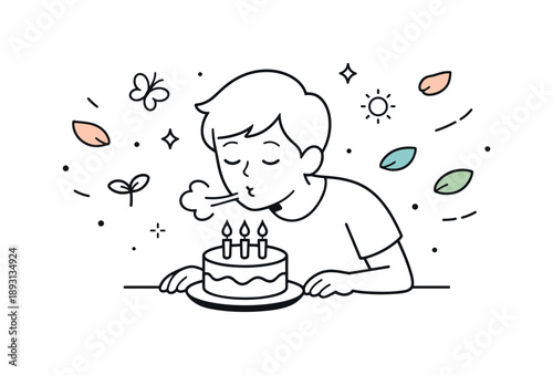 Birthday Renewal Scene. Fresh birthday start. A single character blowing out candles as petals and light decorative elements float around. Symbolic feeling of