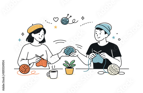 Cozy Knitting Gathering. Shared knitting moment. A cozy editorial scene with people exchanging yarn and working on small projects, clean layout and soft