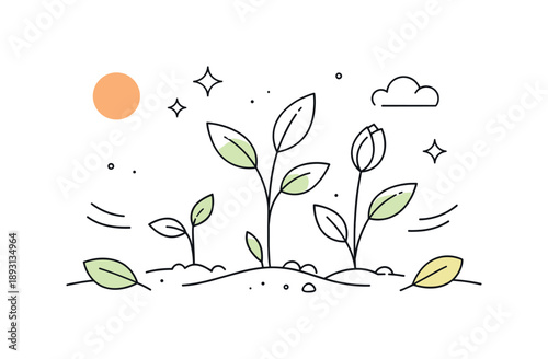 Botanical Awakening Art. Botanical awakening line art. A minimal scene with delicate plant lines slowly unfolding, symbolizing early growth and renewal. The