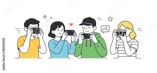Capturing Moments Together. People taking photos. A calm editorial scene of people holding smartphones and cameras, capturing moments together. The mood feels