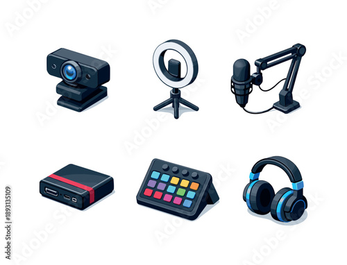 Streaming Setup Icons. Streaming setup. Isometric flat vector icons set of streaming setup: streaming webcam, ring light, boom arm microphone, capture card,