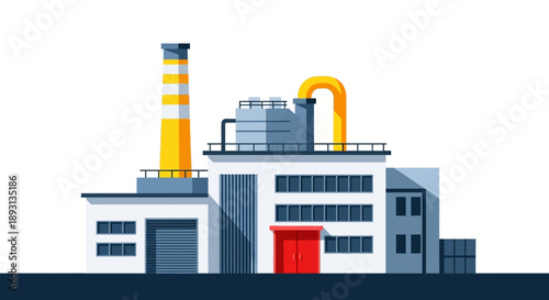 Industrial factory building with chimney and pipes, manufacturing plant in bright studio.