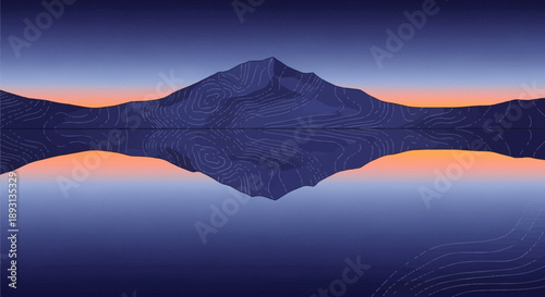 Serene mountain landscape reflecting in calm lake water at dusk or dawn, creating a peaceful scene.