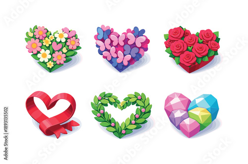 Heart Icon Collection. Heart & love icons. Isometric flat vector icons set of Heart & love icons: floral heart, butterfly heart, blooming rose heart, ribbon